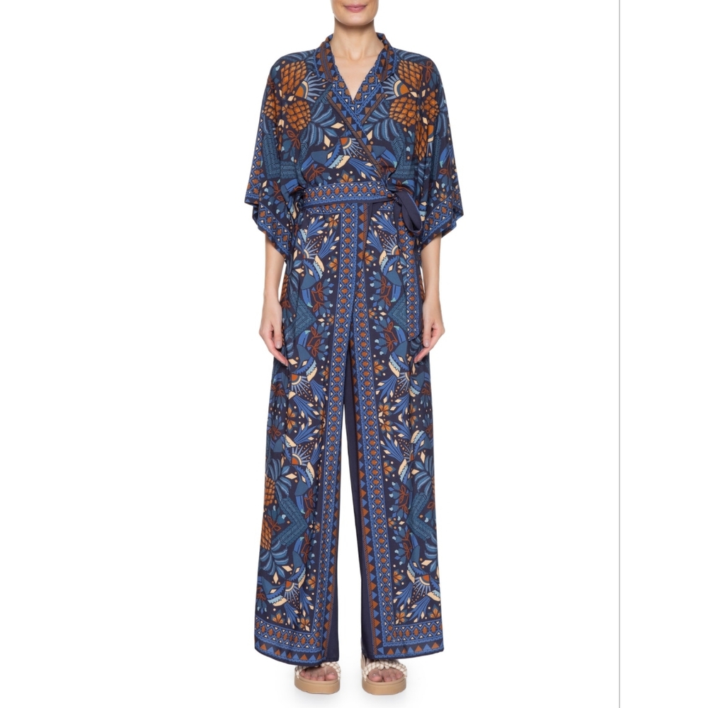 FARM Rio Blue & Brown Floral Print Wrap Jumpsuit